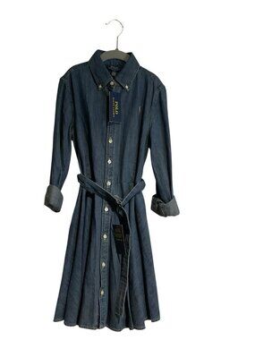 Polo Ralph Lauren Big Girls Belted Denim Blue Cotton Shirtdress 12 Long Sleeve